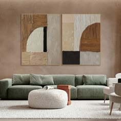 a living room with two paintings on the wall