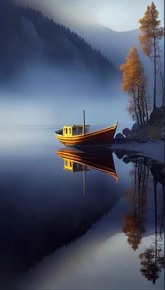 a yellow boat floating on top of a lake surrounded by mountains and trees in the fog