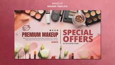 an advertisement for makeup products on a pink background with flowers and other items in the corner