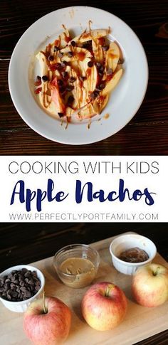 apple nachos with chocolate chips and apples in bowls on a cutting board next to an apple