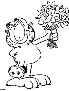 garfield the cat holding flowers coloring pages for kids, free coloring pages, cartoon coloring pages, adult coloring pages, coloring sheets, person, children's book pages, drawing lessons, art and crafts to draw, flower designs, black and more