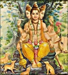 the god is sitting in front of two cows and trees, surrounded by other animals