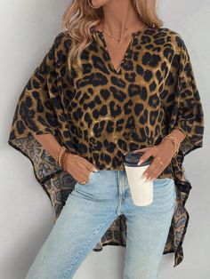 Black Casual Collar Three Quarter Length Sleeve Woven Fabric Leopard Print,Textured Pattern Top Embellished Non-Stretch  Women Clothing Women Blouses, Vintage Shirt, Black Casual, Vintage Shirts, Three Quarter, All Fashion, Women Clothing, Woven Fabric