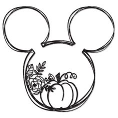 a mickey mouse head with flowers and pumpkins on it's face, drawn in black ink