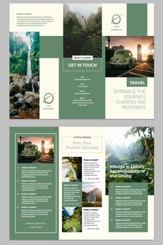 an open brochure with green and white images on the front, back and side