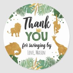 thank you for swinging by with jungle animals and palm leaves on the bottom round sticker