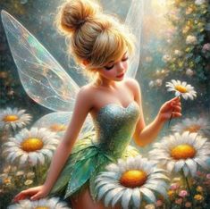 a painting of a fairy with daisies in her hand