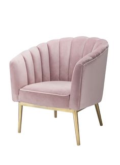 a pink chair with wooden legs on a white background