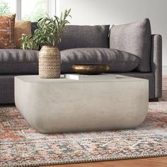 a living room with a couch, coffee table and rug