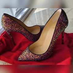 This Is An Authentic Pair Of Christian Louboutin Glitter Pigalle Follies 100 Pumps Size 37.5 (Fits Us 7) These Stunning Pumps Have A Glitter Ombre Effect From Pink To Blue To Green To Gold. These Heels Have A 4-Inch Wrapped Stiletto And An Elongated Toe. They Are Used. Have Some Discoloration Inside And Visible Wear On Red Bottoms As Pictured. Originally Purchased From Nordstrom In 2021. Comes With Original Box, Dustbags And Replacement Heel Pieces Luxury Multicolor Heels For Party, Multicolor Glamorous Formal Heels, Glamorous Multicolor Heels For Formal Occasions, Glamorous Multicolor Formal Heels, Designer Multicolor Heels For Party, Designer Multicolor Party Heels, Shoes Louboutin, Pigalle Follies, Louboutin Pigalle