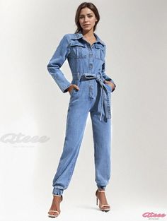 Qteee - Casual Slim-Fit Denim Jumpsuit High Rise Stretch Cotton Denim Jumpsuit, Stretch Cotton High-rise Denim Jumpsuit, Medium Wash Stretch Denim Jumpsuit, Stretch Cotton Denim Jumpsuit In High Rise, Stretch Cotton Denim Jumpsuit High Rise, Stretch Cotton Denim Jumpsuit With Pockets, Casual Stretch Dark Wash Jumpsuits And Rompers, Casual Dark Wash Stretch Jumpsuits And Rompers, Stretch Denim Blue Casual Jumpsuit