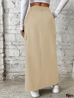 Bjux - Womens Casual High-Waist Loose Maxi Skirt with Split Cargo Design, Featuring a Solid Flap Pocket, Perfect for Fashionable Comfort Fitted Solid Skirt With Pockets, High Waist Solid Skirt With Side Pockets, Solid High Waist Skirt With Side Pockets, High Waist Beige Skirt With Pockets, Full Length Skirt With Side Pockets, High Waist Beige Maxi Skirt, Fitted Beige Cargo Skirt With Pockets, High Waist Solid Skirt With Pockets, Full-length Skirt With Pockets