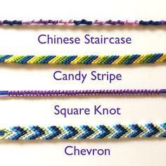 four different types of bracelets with the names of each bead stranded together