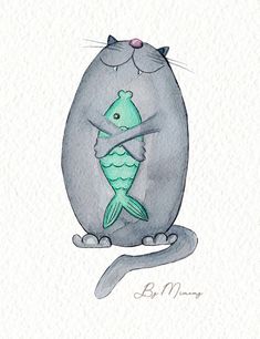 a watercolor painting of a cat holding a fish on it's back with the caption my precious