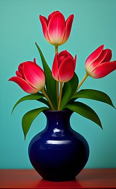 a blue vase filled with red flowers on top of a wooden table next to a green wall