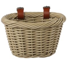 a wicker basket with two leather handles