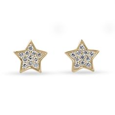 A wonderful and lively pair of natural diamond flat star stud earrings. This petite yet magical pair showcases 0.14-carats total of sparky white brilliant round cut diamonds pave set within. Crafted in 14K gold, in the color of your choice. The perfect everyday earrings, oh and did we mention they were screwbacks? The best option for the most protection.  Setting Style: Pave Setting Material: 14K Yellow/White/Rose Gold Main Stone: Diamond Approx Weight: 0.14-Carats (Total) Cut: Brilliant Round Clarity: VS Color: H Luster: Excellent Treatments: Natural Estimated Retail Value: $1,890.00 USD Keep in mind we custom create all of the items listed here. If you have a special request for a custom-created item please contact us at 1 800 840 6828. Complimentary shipping with the USA. Star-shaped Diamond Earrings With Accents, Star Earring, Star Stud Earrings, Minimalist Gifts, Star Earrings Stud, Earrings Dainty, Star Studs, Emerald Jewelry, Gold Star