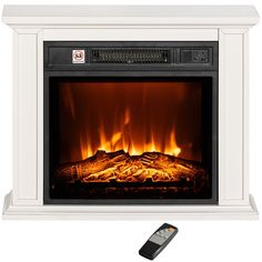 an electric fireplace with flames and remote control