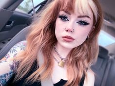 Dyed Bangs Aesthetic, Blonde Split Bangs, Black And Blonde Split Dye With Bangs, Brown And Blonde Alt Hair, Orange Hair Grunge, Orange Grunge Hair, Dyed Bangs, Color Block Hair, Unicorn Hair Color