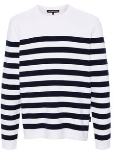 white/midnight blue cotton knitted construction horizontal stripe pattern round neck drop shoulder long sleeves ribbed cuffs and hem short side slits straight hem White Striped Hem Sweater For Winter, Crew Neck Knit Sweater With Striped Cuffs, White Long Sleeve Sweater With Horizontal Stripes, White Long Sleeve Sweater With Striped Hem, Classic Long Sleeve Sweater With Contrast Stripes, Striped Ribbed Crew Neck Sweater, Classic Striped Tops With Ribbed Cuffs, Knit Crew Neck Sweater With Horizontal Stripes, Knit Sweater With Horizontal Stripes And Crew Neck