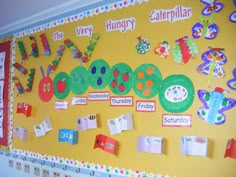 the very hungry caterpillar bulletin board is decorated with magnets and paper cutouts