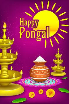 happy pongal greeting card with candles and diya on the occasion of pongal