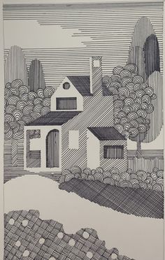 a black and white drawing of a house in the distance with trees on either side