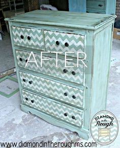 an old dresser painted with chevron stencil