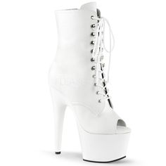 Pleaser ADORE-1021 White Faux Leather Ankle Boots With White Platform 7 Inch Heels, Crotch Boots, Pleaser Heels, High Heel Stiefel, White Ankle Boots, High Heel Ankle Boots, Striped Shoes, Pleaser Shoes, Light Up Shoes