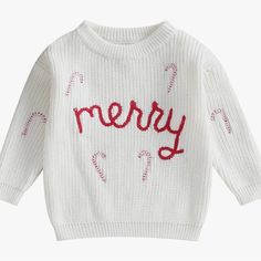 Baby/Toddler Embroidered Holiday Merry Sweater Handmade Gender Neutral Super Soft & Cozy Christmas Holiday Sweater, Embroidered Is The Word ‘Merry’ With Scattered Little Candy Canes. The Sweater Is Warm White Colored With Red & White Embroidery. From A Smoke Free & Pet Free Home Ships Same Or Next Day **New To Poshmark, Join Now And Receive $10 With Code Mizgina. Happy Poshing!! Tags: Rylee & Cru Jamie Kay Quincy Mae Kate Quinn Zara Gap H&M Janie & Jack Baby Christmas Sweater, Summer Outfit Accessories, Baby Boy Christmas, Sweater Ideas, Perfect Sweater, Toddler Sweater, Baby Girl Boy