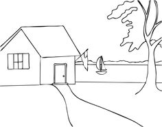 a black and white drawing of a house next to a tree with a boat in the water