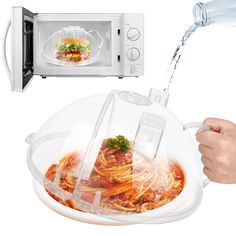 someone is pouring water into a microwave with spaghetti in it