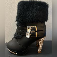 Never Worn. Smoke Free Home Glamorous Open Toe Heels For Winter, Synthetic Ankle Strap Party Boots, Party Ankle Strap Synthetic Boots, Winter Heels With Buckle Closure For Night Out, Fur Top, Top Straps, Fur Boots, Mid Calf, Heeled Boots