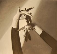 two hands reaching up towards each other with birds on their fingers, in front of a gray background