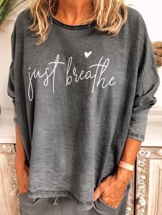 Casual Crew Neck Long Sleeve  Alphabet Printed Blouse Leisure Dress, Toxic Vision, Linen Shirts Women, Just Breathe, Plus Size Casual, Long Sleeve Casual, Sleeve Cotton, Print Tops, Shirt Sleeves