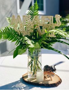 a vase filled with green plants on top of a table