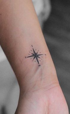 a small compass tattoo on the wrist is shown in black and white, with an arrow pointing