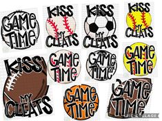 some kind of stickers that say game time and kiss me, kiss the balls