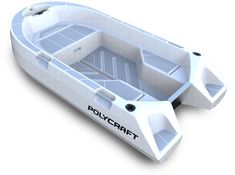 an inflatable boat is shown with the name polycraft on it's side