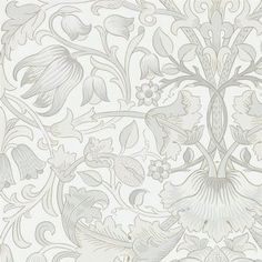 an intricately designed wallpaper with flowers and leaves in grey, on white background