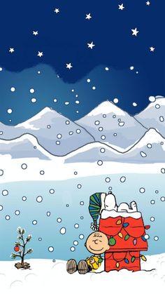 a charlie brown christmas card with snow falling on the ground and stars in the sky