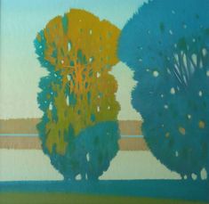 an abstract painting of trees in blue, yellow and green