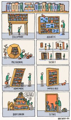 a comic strip about bookshelves and how they are used to read them in different ways