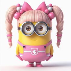 a cartoon minion with pigtails and glasses on it's head, standing in front of a white background