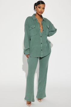 Available In Black, Cream, Green, And Brown. Thermal Pant Set Shirt Long Sleeve Collar Chest Pockets Side Pockets Button Front Flare Leg High Waist Drawstring Stretch 100% Cotton Imported | Kaylah Thermal Pant Set in Green size 1X by Fashion Nova Green Matching Set, Thermal Pants, Stretch Top, Cotton Bottoms, Curve Dresses, Jeans Jumpsuit, Shirt Long Sleeve, Mens Activewear, Pant Set