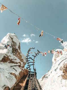 there is a train track going up the mountain with flags hanging from it's sides