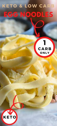 keto and low carb egg noodles on a plate with the words 1 carb only