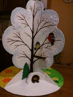 a paper plate tree with birds on it