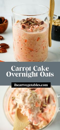 carrot cake overnight oats in a glass bowl with a wooden spoon on the side