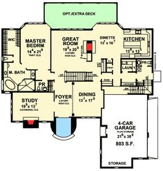 this is the first floor plan for a house with two master suites and an attached garage